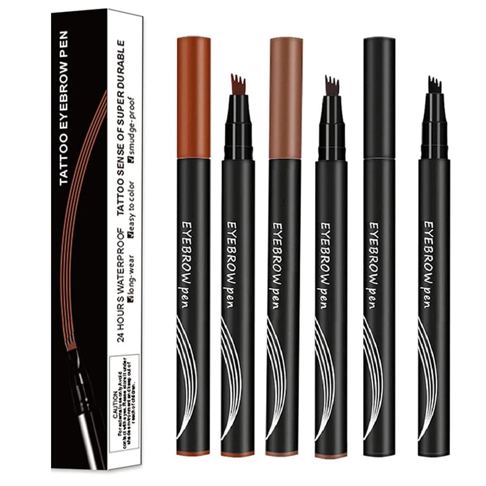 Eyebrow Pen, 4-Tip Microblade Brow Pen, 4 Tip Microblade Brow Pen Waterproof, Microblade Eyebrow Pencil, Taupe Dark Brown Eyebrow Microblade Pen for Women Girls (Dark Brown, Coffee Brown and Black)