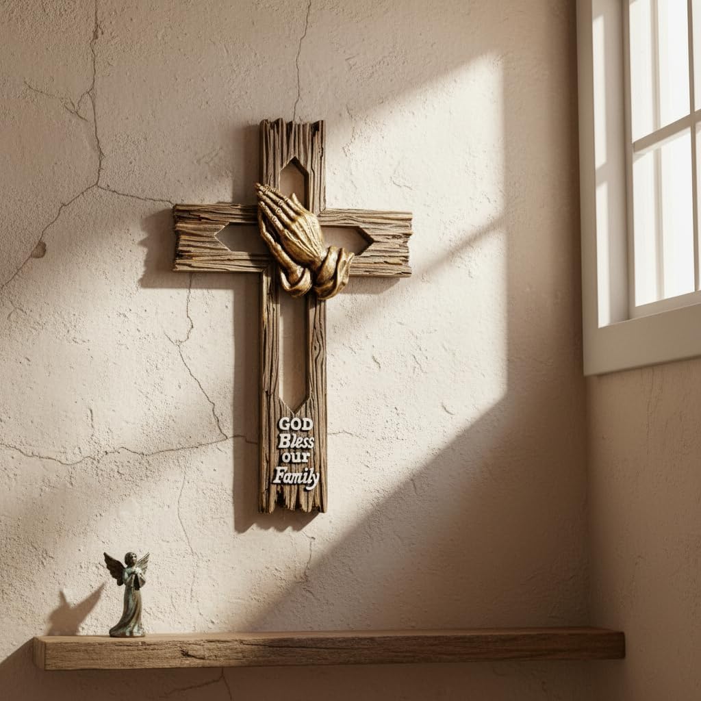 Comfy Hour 12" God Bless Our Family Wall Cross, Decorative Praying Hands Religious Plaque for Christian Home, Artisan Crafted Faux Wood Style Sculpture, Polyresin Interior Accent, 1 Unit
