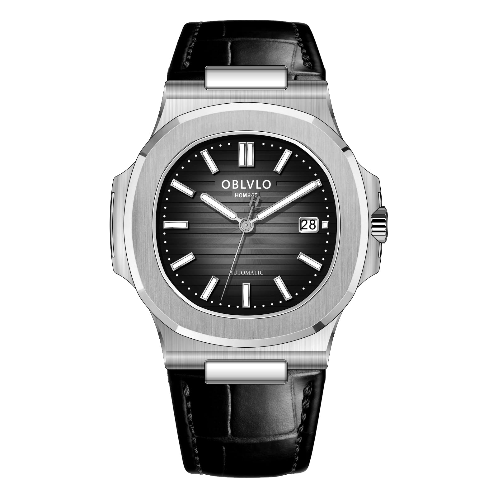OBLVLO Elegante orologio da uomo automatico quadrato, cassa ultrasottile in acciaio inox da 8,5 mm, cinturino in pelle nera, display della data, Miyota 9015, FM-AT