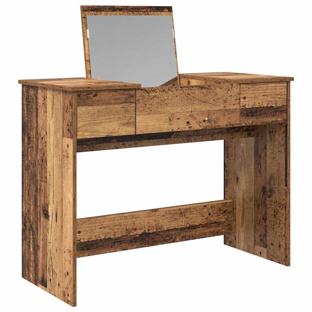 Kosmetiktisch Altholz mit 2 Schubladen und Spiegel 100 x 45 x 76 cm, Schminktisch mit Stauraum für Schlafzimmer, Ankleidezimmer, Makeup und Styling