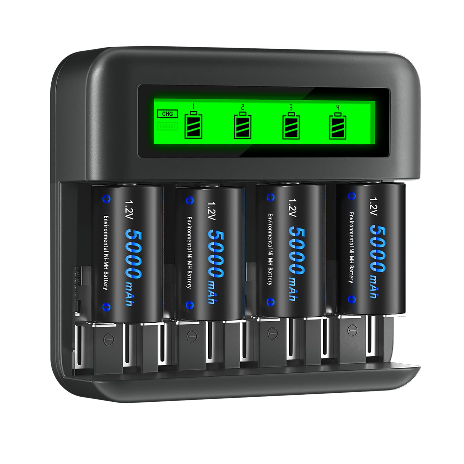 CITYORK 4 Pack Rechargeable C Batteries 5000mAh with Charger for 1.2V Ni-MH AA AAA C D Rechargeable Batteries, 8 Slots LCD Smart Battery Charger with