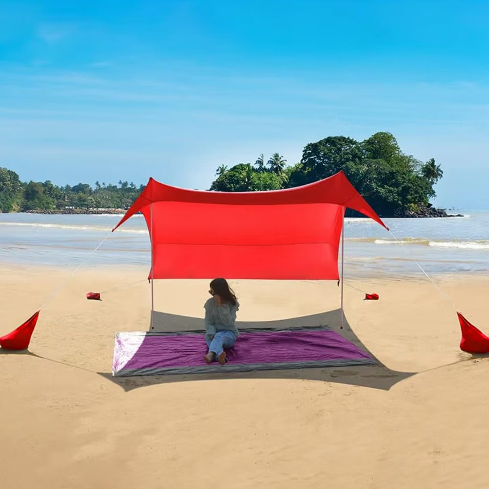 Tente de Plage 2x2m 3x3m 4x4m avec 2 Poteau et Sacs Abris de Plage de Sable pour Protection Solaire