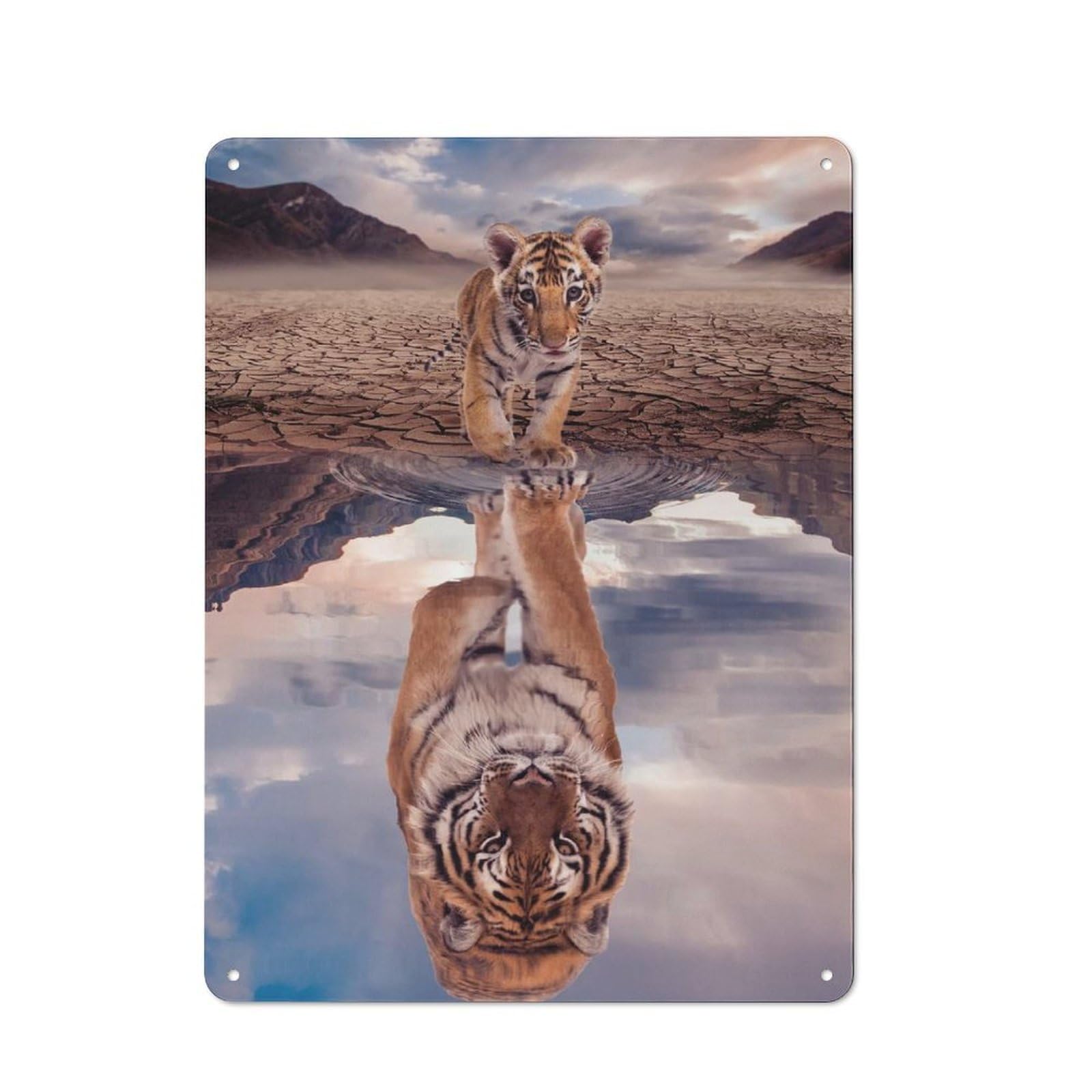 Junmoney Style-20 Tiger Cub Water Reflection Retro Metal Wall Sign 40X30cm For Living Room Or Hallway, For Collectors Decorating Living Rooms And Hallways