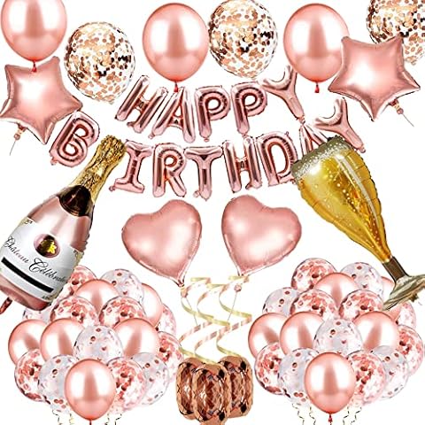 Rose Gold Birthday Decoration with Happy Birthday Banner,72 pcs Rose Gold Party Decoration Confetti Foil Heart Star Champagne Balloons And Ribbons for Gilrs Women Party Supplies,Wedding,Graduation Cover