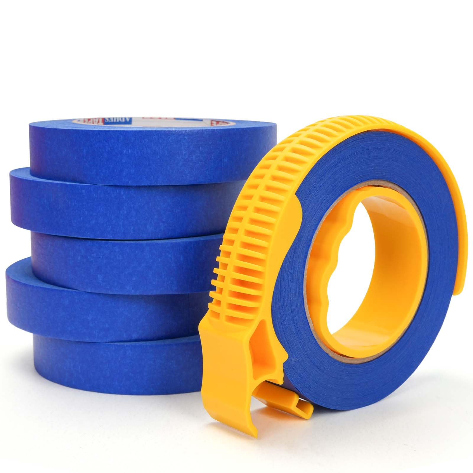 ADHES Blue Painters Paper With Cutter, 24MM X 55M 6 Rolls Masking Paint Tape Applicator, Painting Tape with Dispenser For Outdoor UV Resistant 7-14 Days for Decoration Sharp Paint Lines