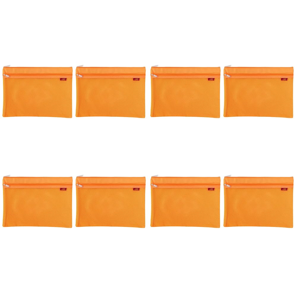 8Pcs A4 Mesh File Zip Bags, Folder Wallets Zipper Pouch Oxford Clear Mesh Bag Double-Layer Grid Document Storage Receipt Organizer Bag for Office Home School Supplies Orange