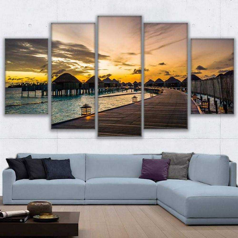 Impresiones sobre Lienzo Cuadro En Lienzo HD Decoración para El Hogar Cartel 5 Piezas Paradise Pier Sunset Dawn Broken Bridge Seascape Painting Living Room Animal Fotos