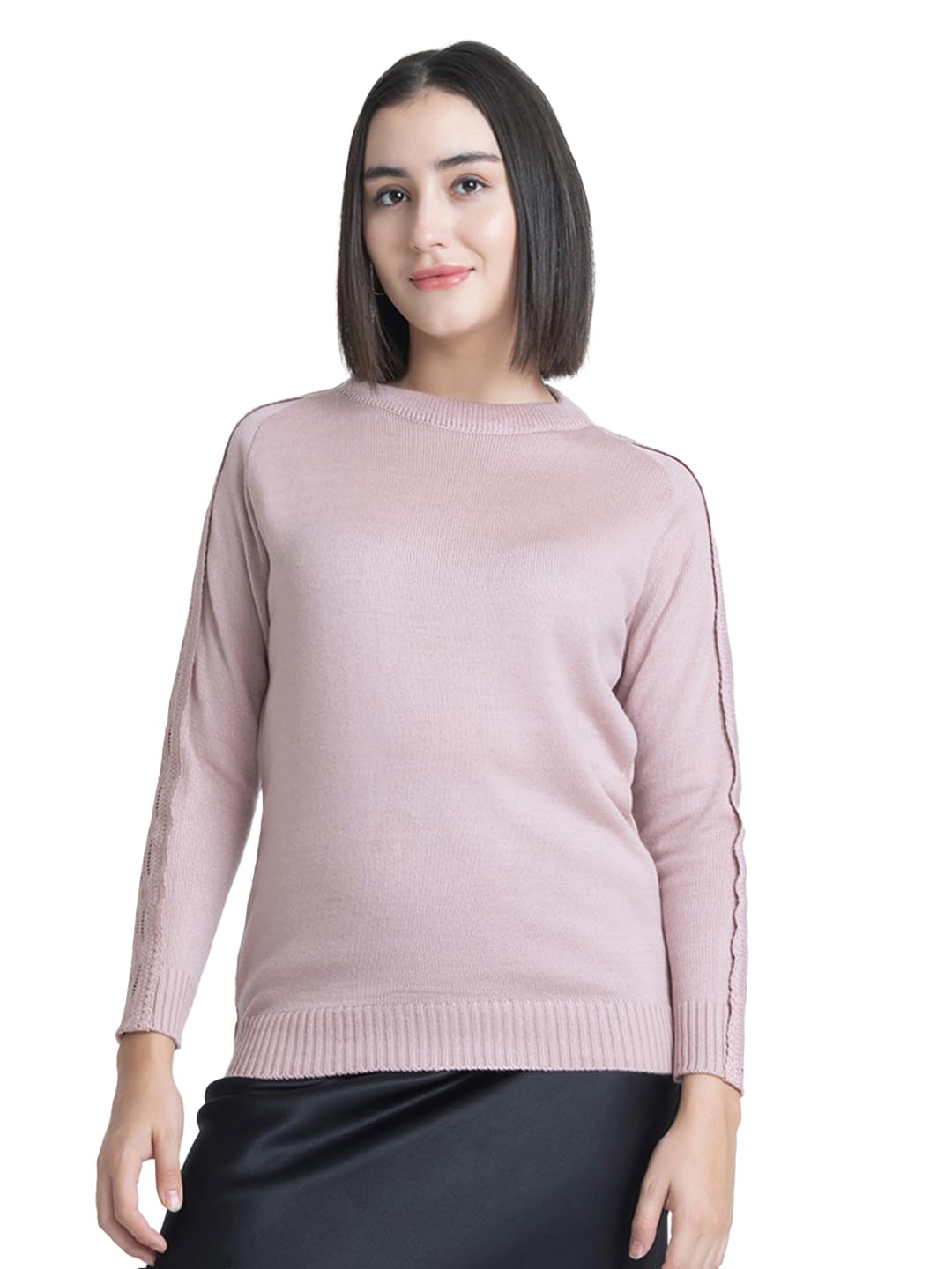 Round Neck Dusty Pink Solid Long Sleeves Knit Sweaters for Women-image-47