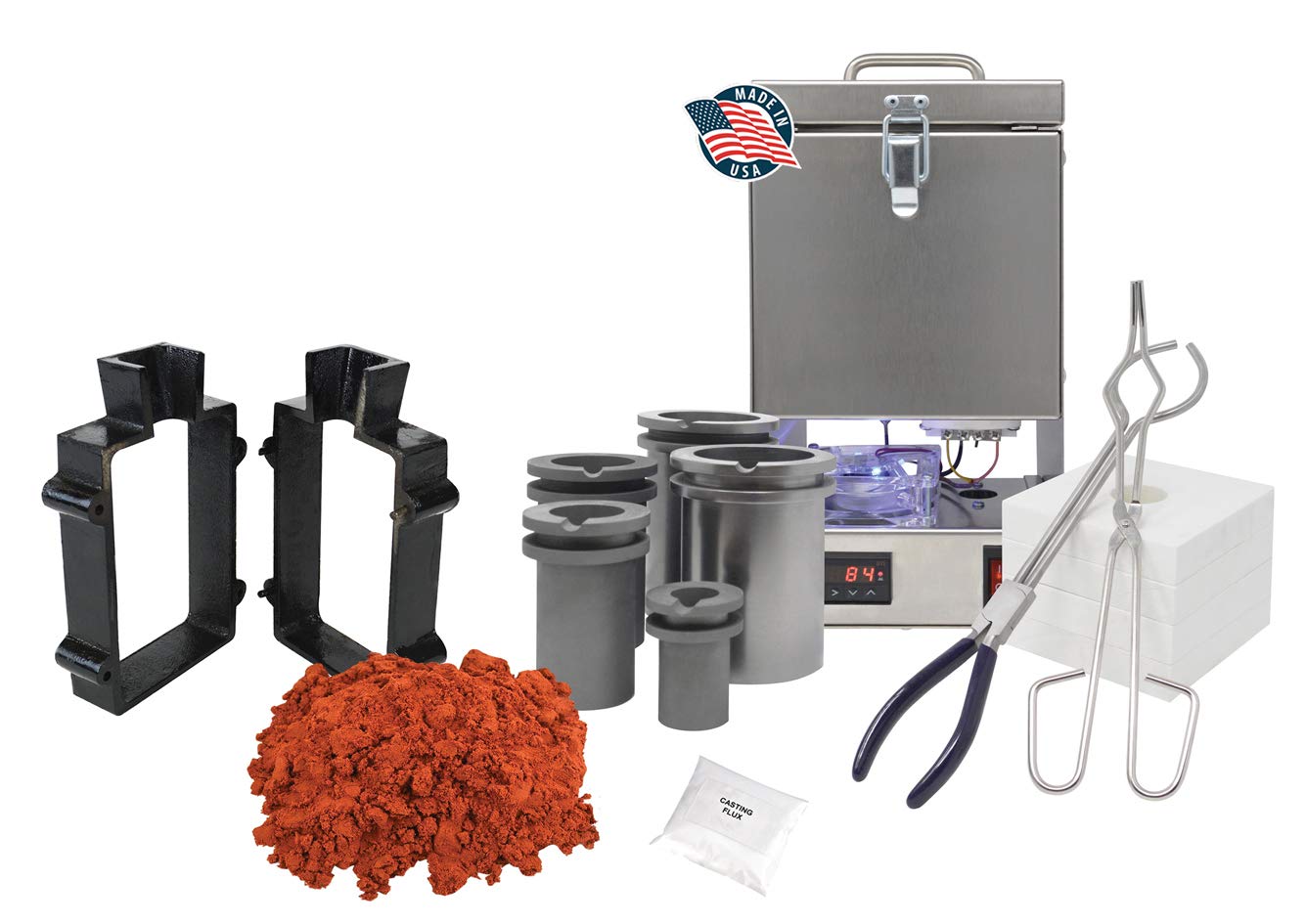 Deluxe QuikMelt Tabletop Furnace Sand Cast Set 5 Lbs Petrobond, Flanges, Tongs, Crucibles, Mold, Parting Powder, Flux Melt Metals