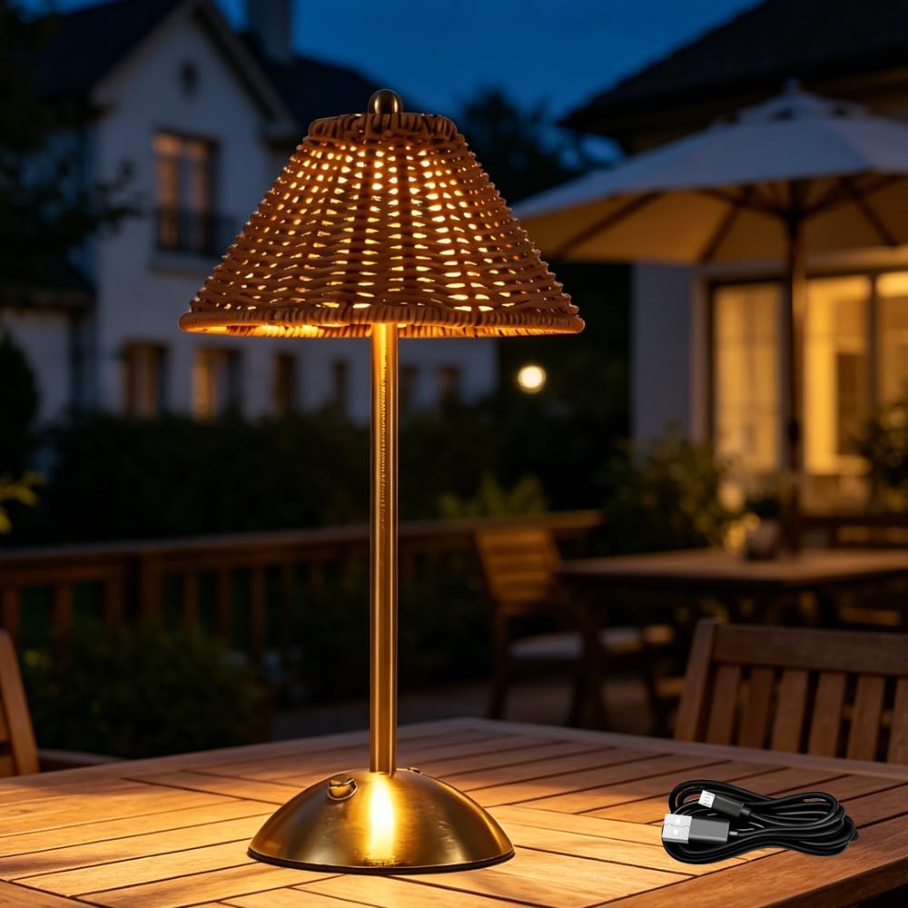 YOFHPT Cordless Table Lamp Boho Rattan, 30cm Rattan Table Lamp, Wicker Lam-p, Boho Desk Lam-p with 3 Color Dimmable & 1M USB-C Cable for Living Room, Bedroom, Office, Home Decor