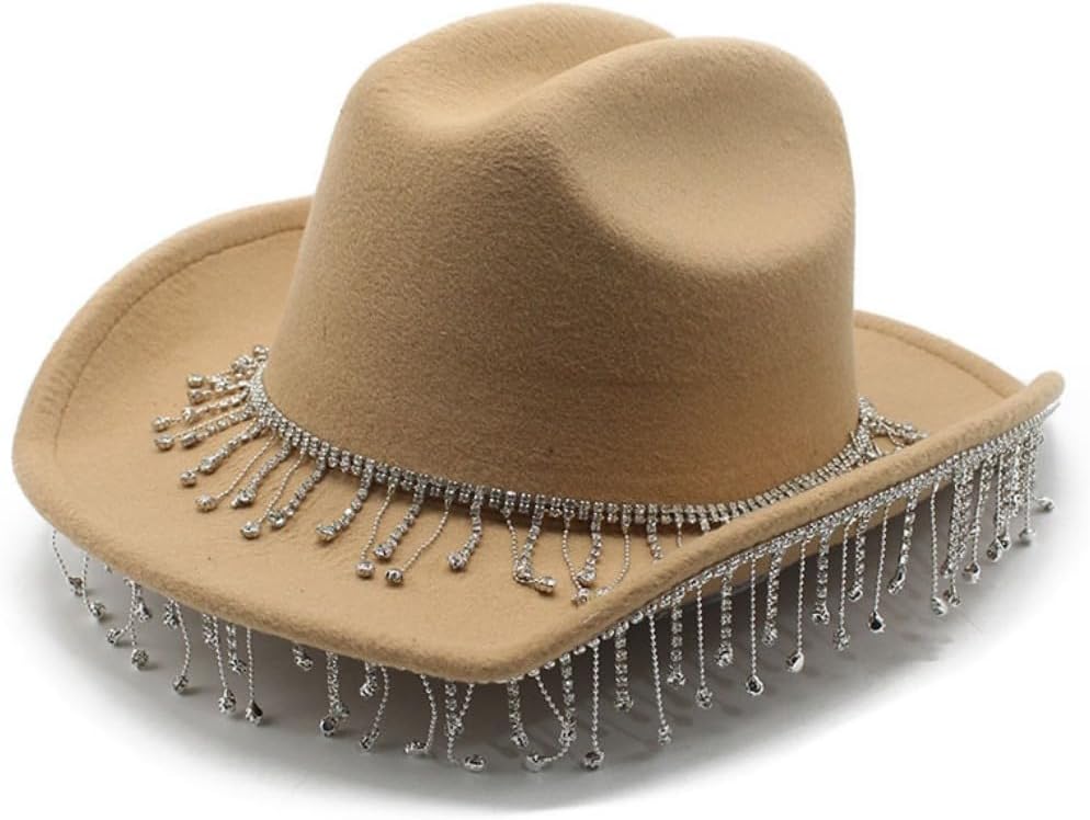 Western Cowboy Hat, Black Felt with Crystal Fringe Trim, Wide Brim