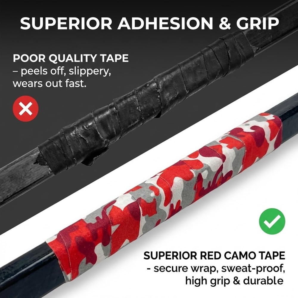 Ruban Adhésif de Hockey 25m x 2,5cm - Camouflage Rouge, Tape en Coton pour Crosse de Hockey, Résistant au Froid & Antidérapant
