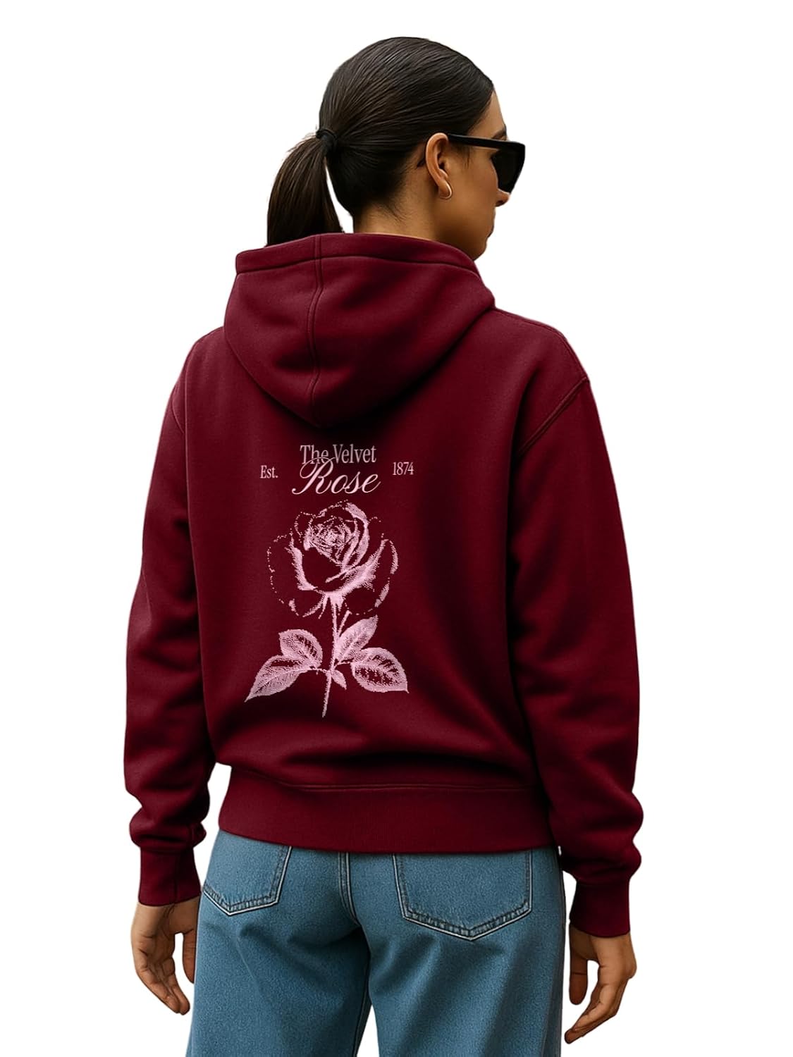 JUNEBERRY® Polycotton Spun Oversized Fit Drop Shoulder Hooded Sweatshirt Full Sleeves Back Graphic Printed Jumper Hoodie for Women (Colors: Marshmellow, Pink, Black & Red)