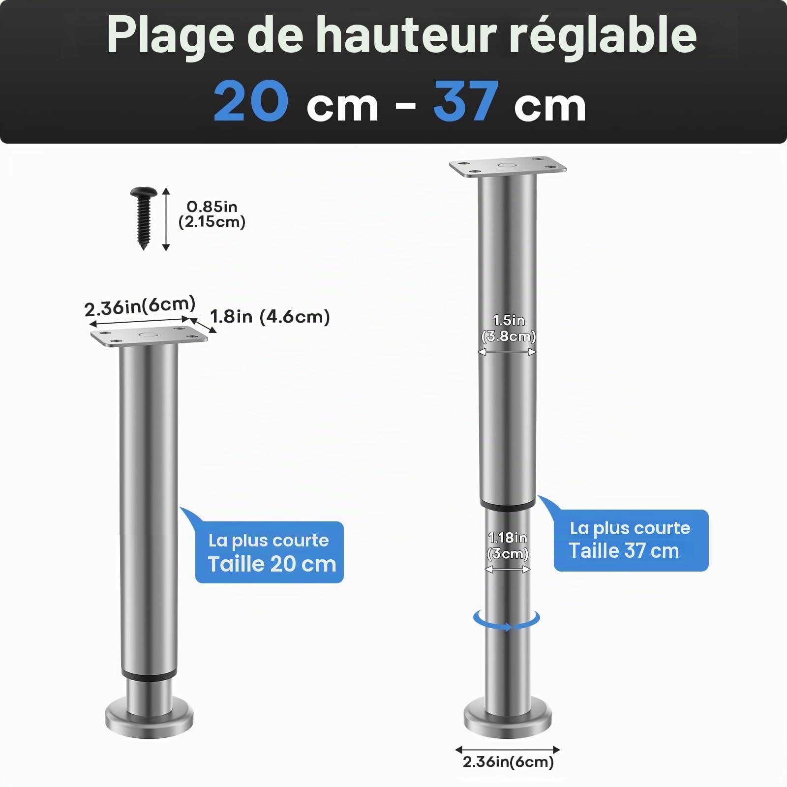 VETIN Lot de 4 pieds de meubles réglables, pieds de meubles réglables en hauteur de 20-37cm, pieds de meubles en métal inoxydable, pieds de meubles pour armoire, meuble TV, lit, canapé, table de nuit