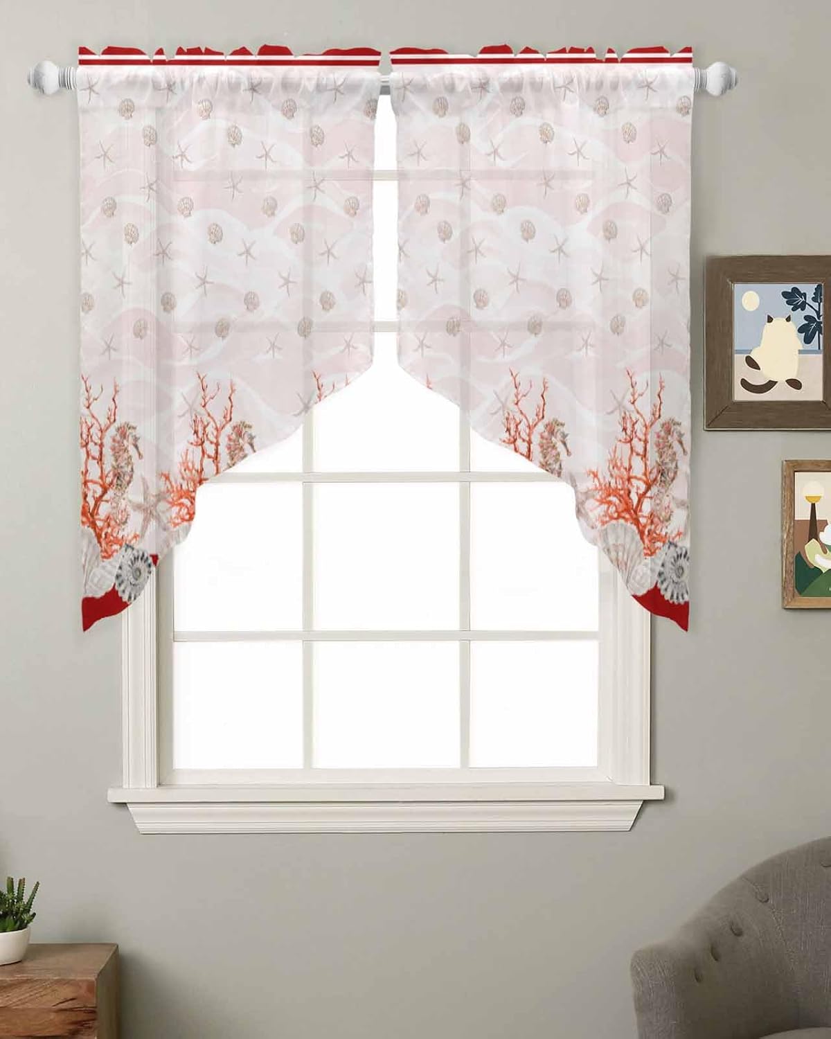 Red Coastal Shell Swag Valances for Windows, Scalloped Sheer Kitchen Swag Curtains Rod Pocket Voile Nautical Seahorse Coral Stripes Topper Curtains for Living Room Cafe Bedroom, 36"x45", 2 Panels
