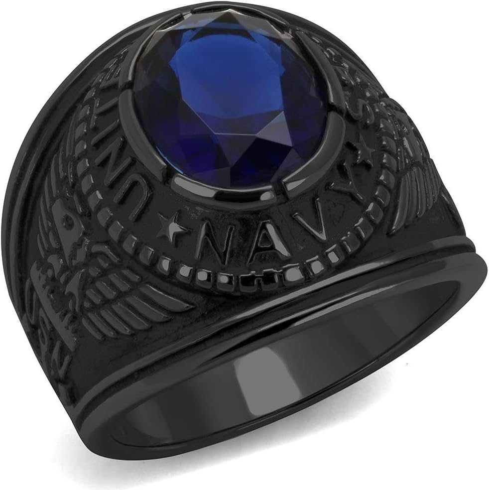 Mens United States Navy Military Silver Gold Black 316 Stainless Steel Blue Sapphire Oval CZ Wide Band Ring