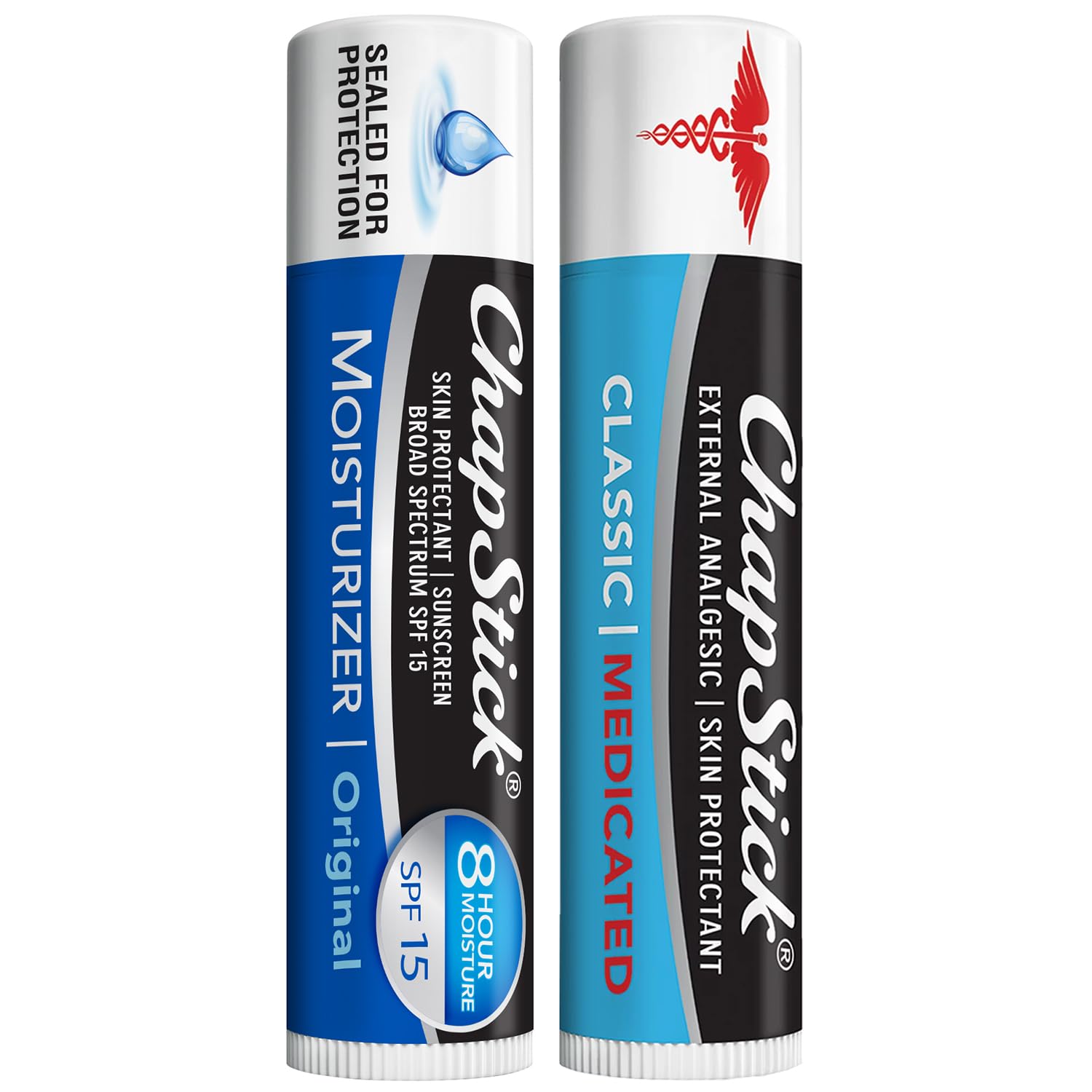 ChapStickDry Lips & Cold Sore Pain Relief Bundle – Classic Medicated ChapStick + Original Moisturizer Lip Balm with SPF 15, 0.15 Oz Ea (2 Piece Set)