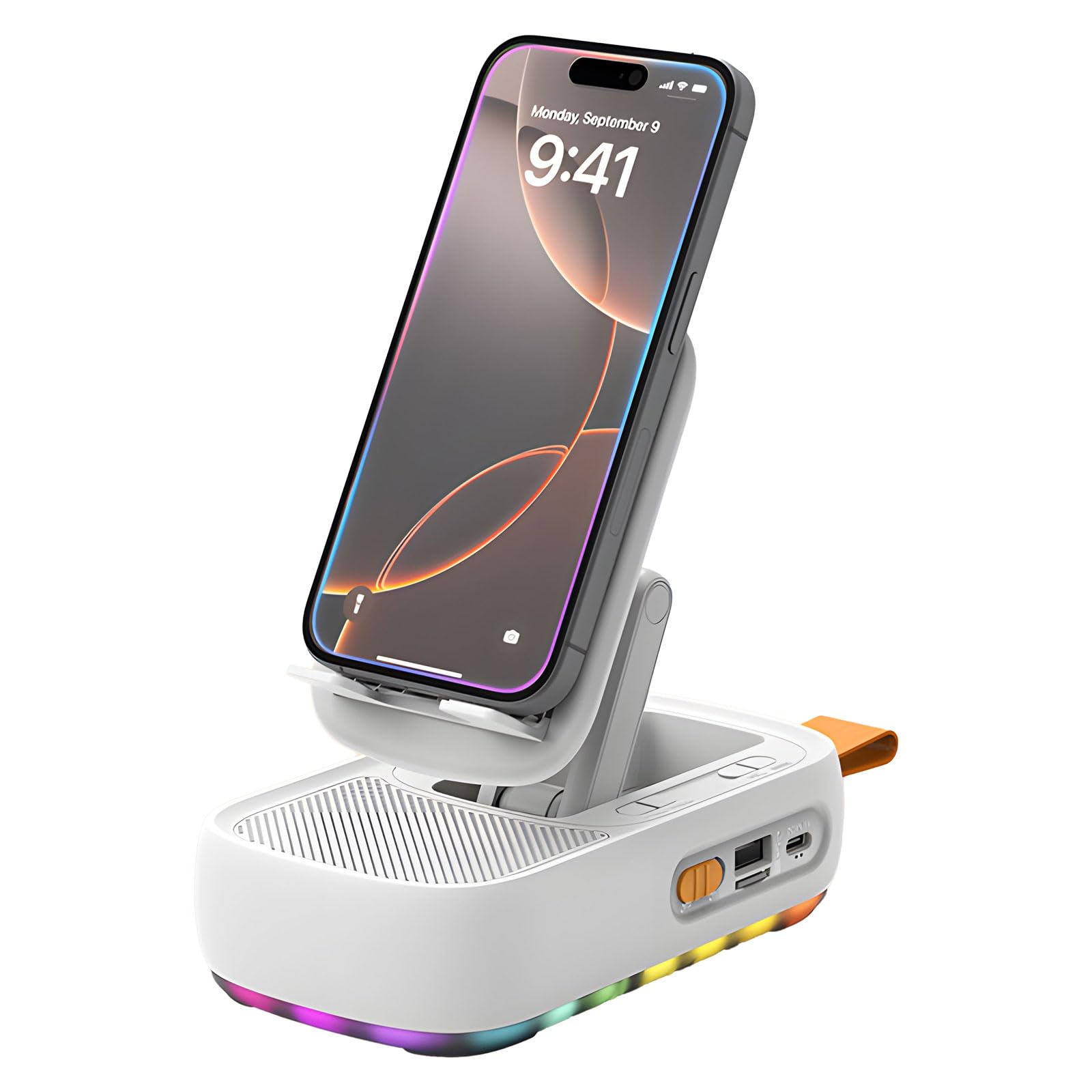 Cell Phone Stand with Bluetooth Speaker and Colorful Ambient Light, 360° Rotation & Foldable Stand, Support TF Card Wireless Speaker for Desk Compatible with iPhone/ipad/Samsung Galaxy (White)