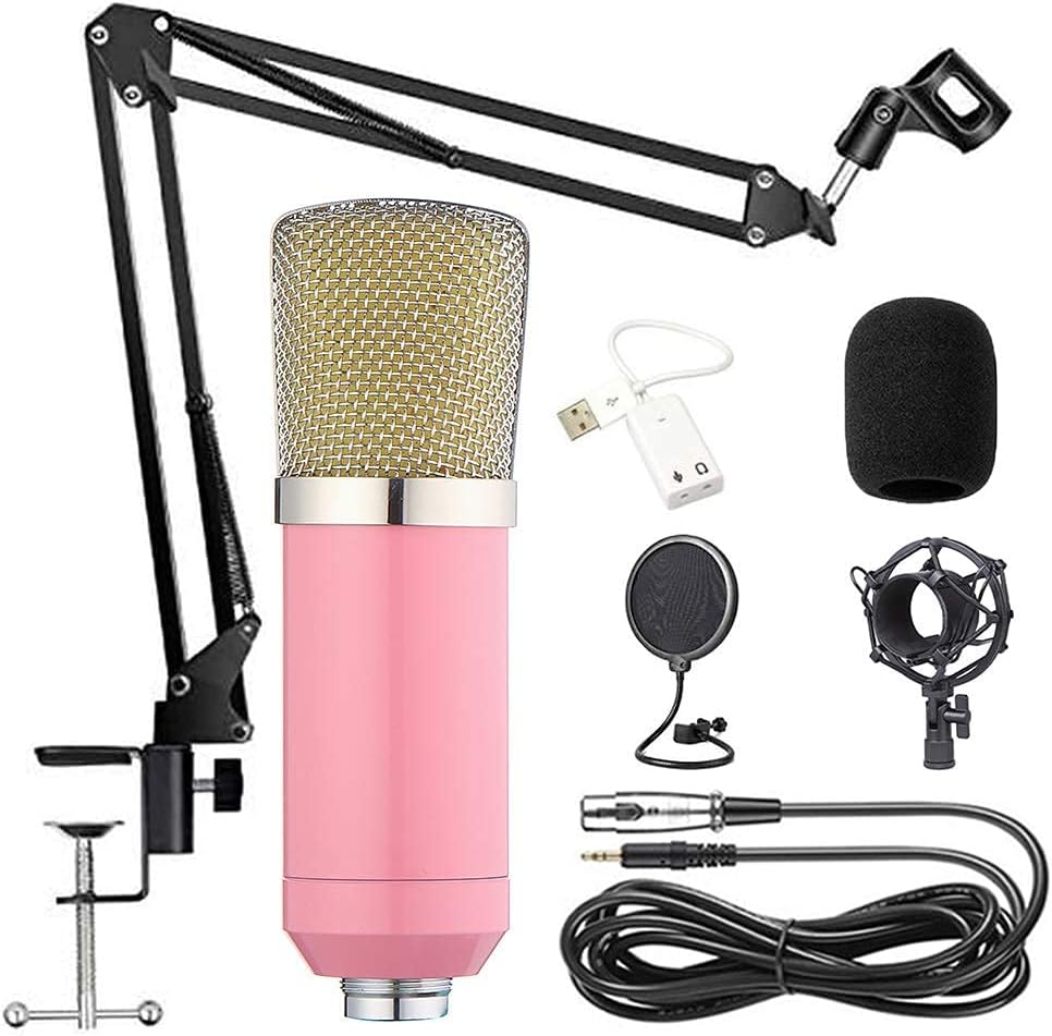 CWCQGH condenser mic Kit Mic Set gaming mic, PC Mic to 3.5mm with Adjustable Mic Suspension Scissor Arm, Shock Mount,for Studio RecordingBroadcasting (Pink)