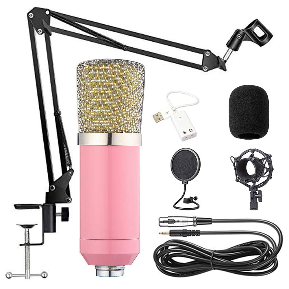 Zestaw mikrofonu pojemnościowego Zestaw mikrofonu do gier, mikrofon PC do 3,5 mm z regulowanym ramieniem nożycowym do zawieszenia mikrofonu, uchwyt amortyzujący, do nagrań studyjnych i,Pink