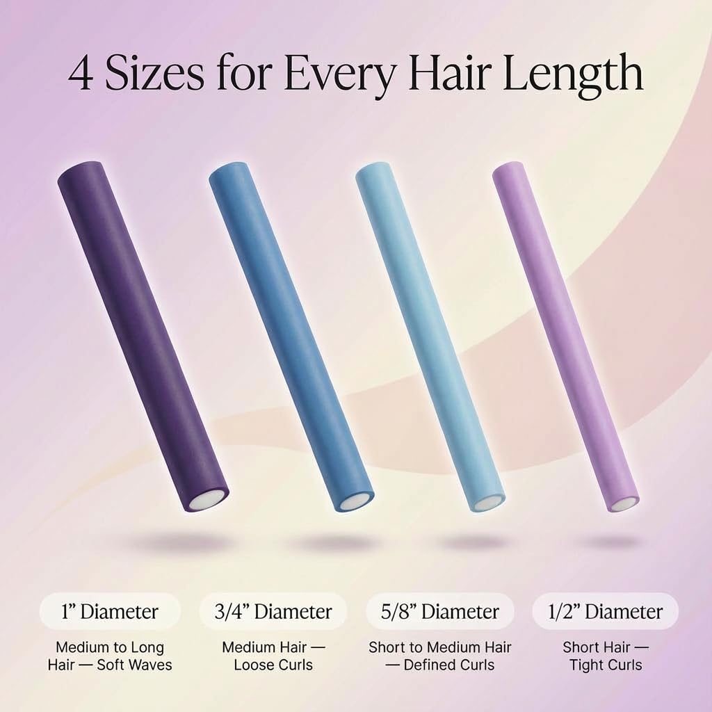 Andrea Grace Flexi Rods Foam Hair Rollers - 18 Flexi Rods -1/2" 5/8" 3/4" 1" Diameter- Professional Salon Quality Rubber Hair Rollers for Long, Medium, Short Hair, Hair Curlers to Sleep in for Women