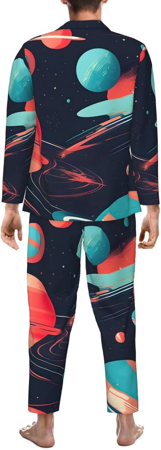 Space Planets Print Luxurious Mens Pajamas Set,Breathable Pajamas Set,Perfect For Lounging Bed,Sofa