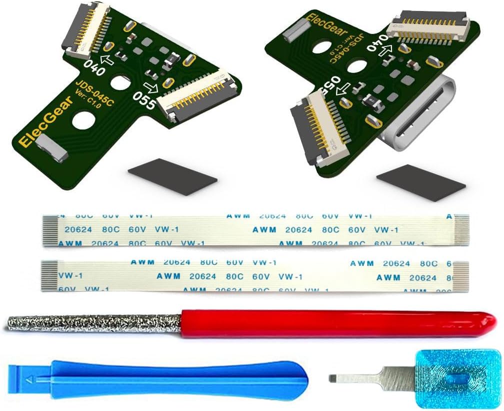 ElecGear 2x USB C Charging Port PCB for 2nd Gen PS4 Controller, Upgrade DS4 from Micro-USB Input Port to USB Type-C Connector Adaptor Replacement for JDS-040, JDS-055, Flex Cable Repair Tool incl.