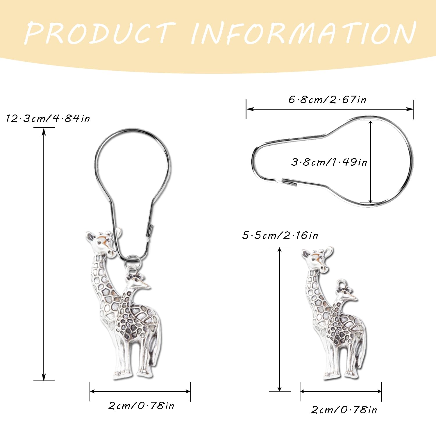 YRMLYMOP Giraffe Shower Curtain,12 Pcs Giraffe Shower Curtain Hooks Animal Forest Park Theme Decor, House Bathroom Decor Accessorie, Giraffe Bathroom Set Stainless Steel Ring Rustproof (Silver)