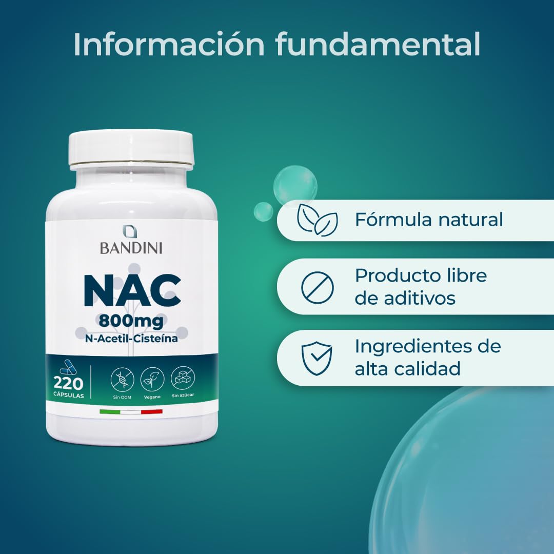 Bandini® NAC N-Acetilcisteína | 800 mg - 220 Cápsulas | Más de 7 Meses de Suministro | Antioxidante y Aminoácido N-Acetil-Cisteína, Natural Precursor de Glutatión | Vegano, Sin OGM