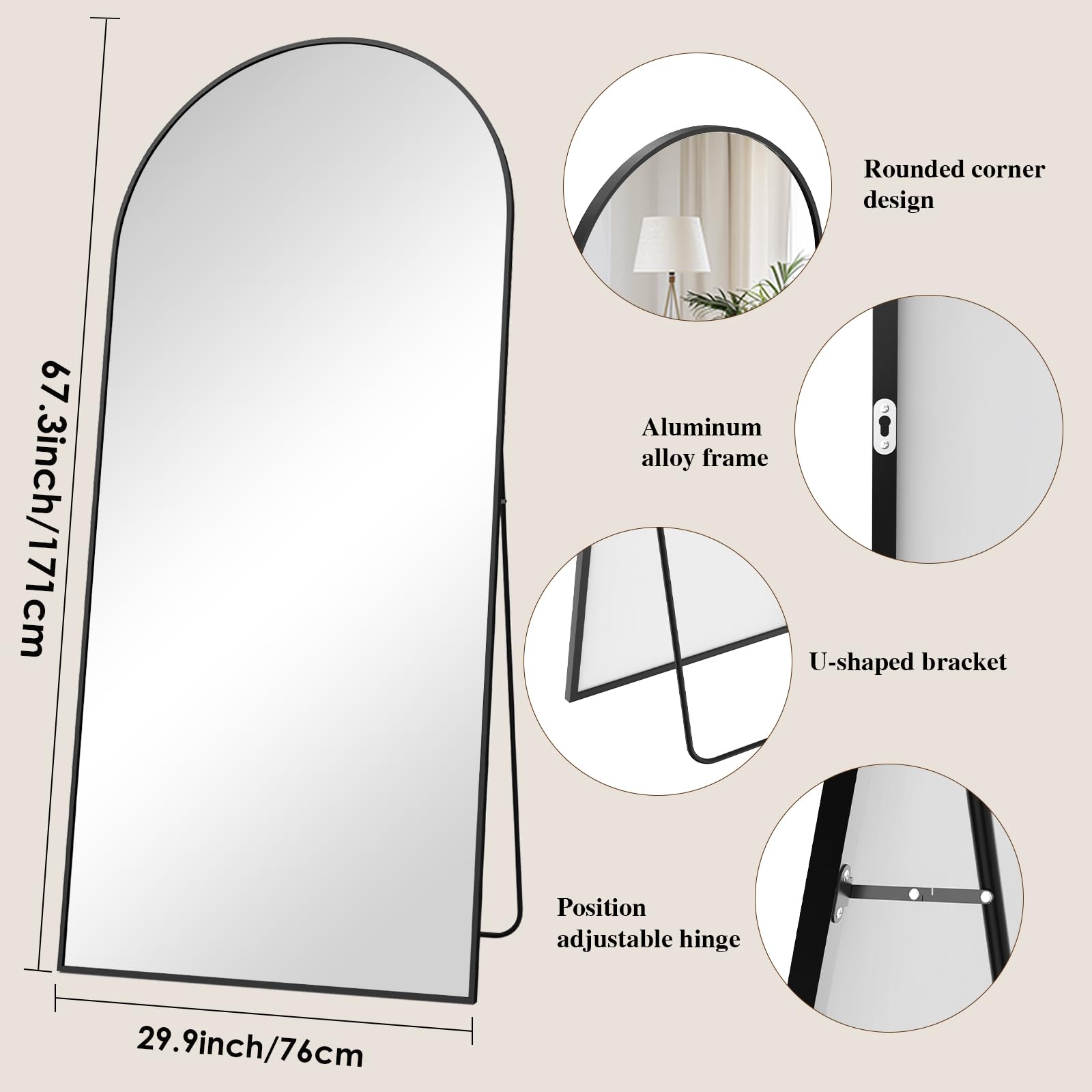 Espejo de Pie Cuerpo Entero 171x76cm Espejo Cuerpo Entero Negro Marco de Aluminio, Espejo de Cuerpo Entero HD Vidrio Antirrotura, Espejo Pared o Suelo para Dormitorio Vestidor Salón