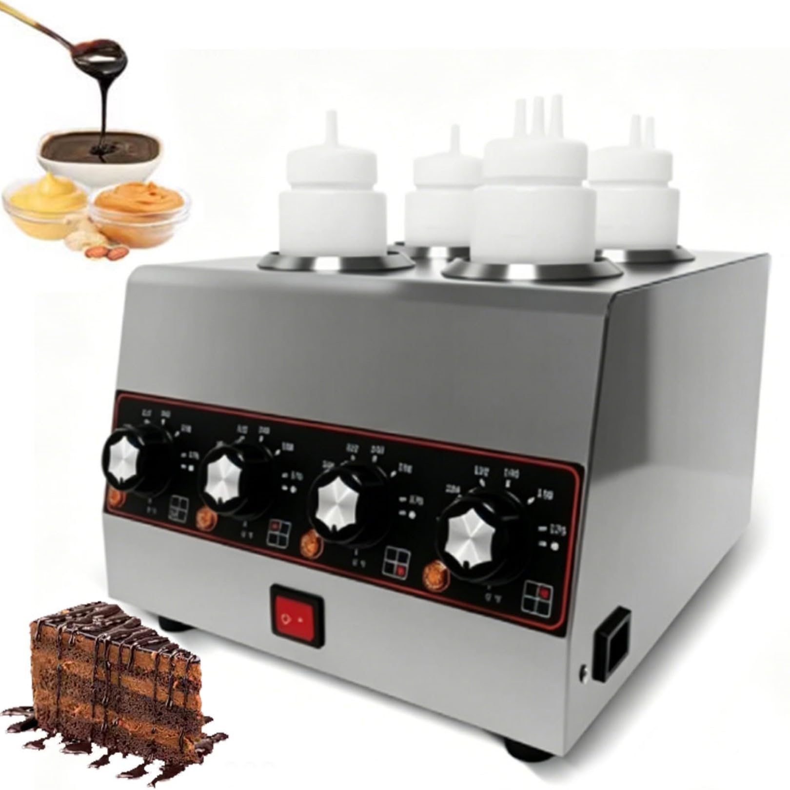 Dispensador Comercial de Calentador de Salsas, Calentador de Mostrador de Acero Inoxidable de 640W con 4 Botellas Exprimibles de 650Ml para Queso Nacho, Fudge Caliente y Salsa