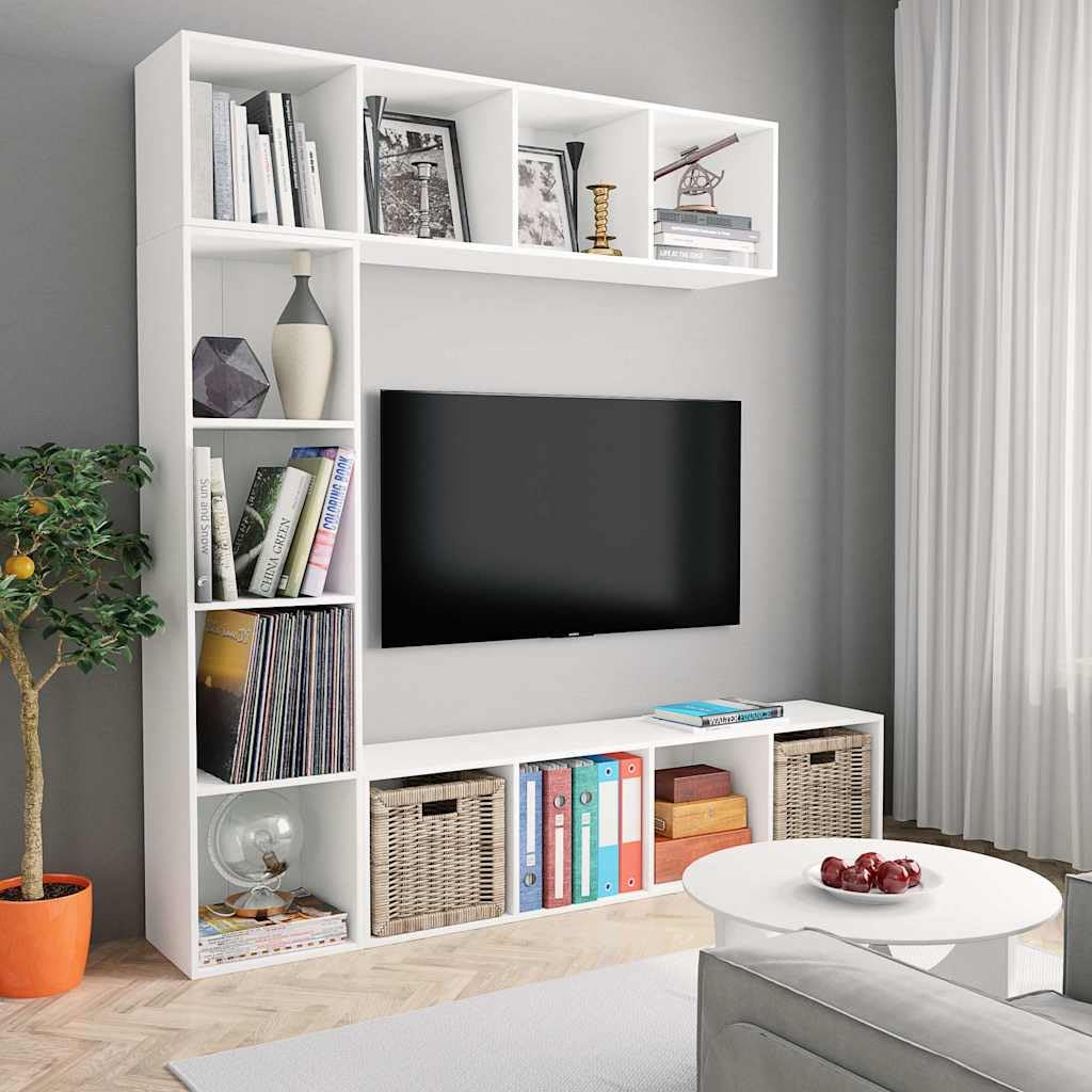 Ensemble Bibliothèque Meuble TV Blanc 180x30x180 cm avec 12 Compartiments
