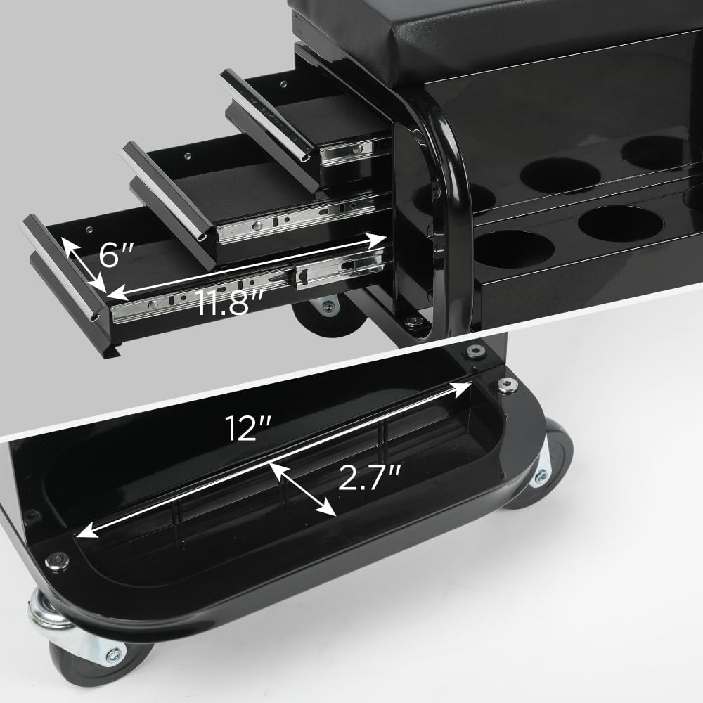 Portable Tool Box Seat on Wheels, Heavy Duty Rolling Shop Stool with 3 Storage Drawers, Garage Workshop Seat with Swivel Casters and Back Organizer