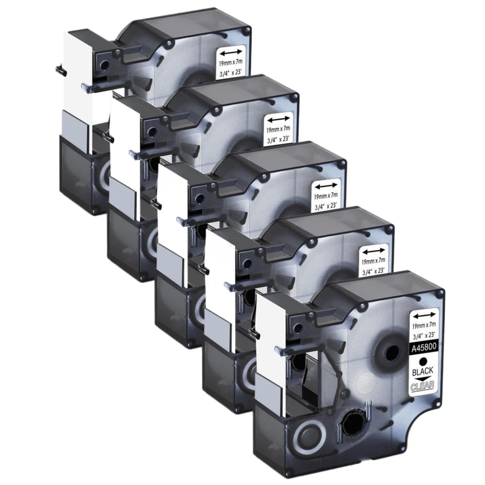 Ruban d'étiquettes laminé noir sur transparent, 19mm, 5 paquets, Compatible avec D1 A45800 pour imprimantes LabelManager 450, 400 Duo