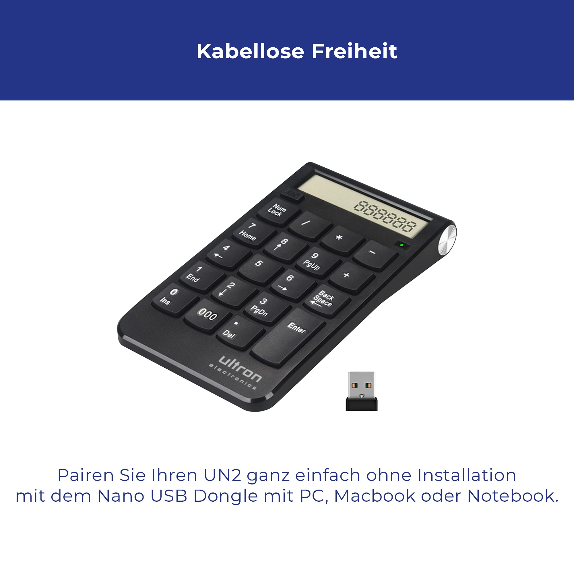 Ultron Numpad - Blocco numerico UN2, 2,4 GHz, calcolatrice USB Senza Fili, Numpad Wireless con Funzione Multi-Funzione 20 Tasti, Tastiera con Display per MacBook, PC e Laptop