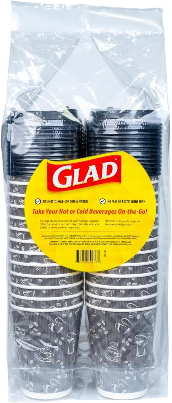 Glad Disposable Coffee Cups with Lids, 12 Oz Insulated Paper Hot Cups, No Sleeve Needed, Textured Non-Slip Grip, Fits Most Single-Serve Brewers, Java Mocha Print, 50 Cups and 50 Lids - 6 Pack