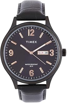TIMEX Analog Watch for Man with Black Round Dial & Black Leather Strap Band Water Resistant Men's Wrist Watches - TWEG18403