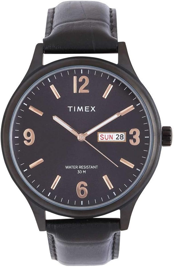 TIMEX Analog Watch for Man with Black Round Dial & Black Leather Strap Band Water Resistant Men's Wrist Watches - TWEG18403