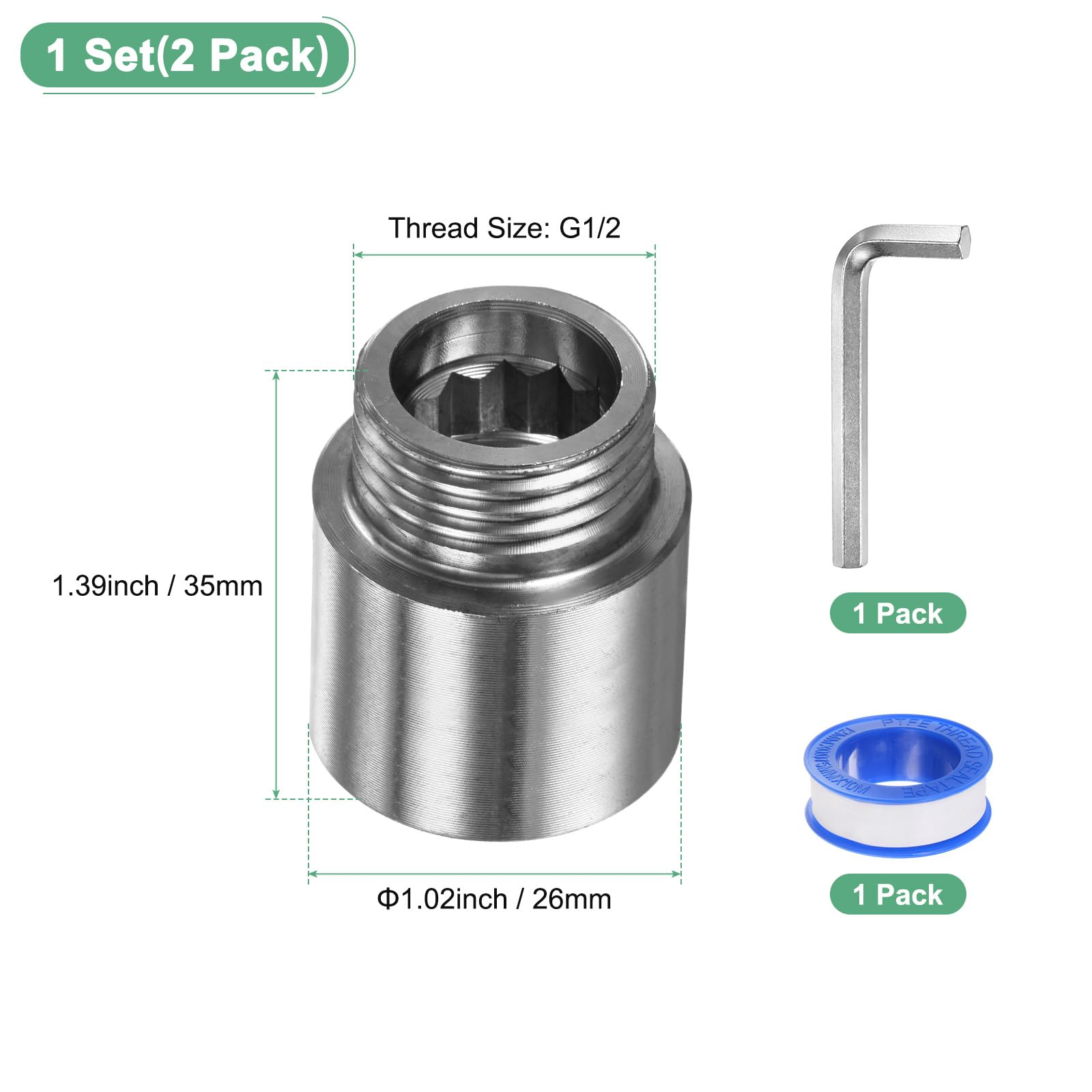 M METERXITY Shower Head Extension Arm Stainless Steel G1/2 Male to Female Extension Pipe Fitting with Thread Seal Tape and Hexagonal Wrench for Shower/Faucet Plumbing Coupler 1.39"/35mm 2-Pack - Image 3