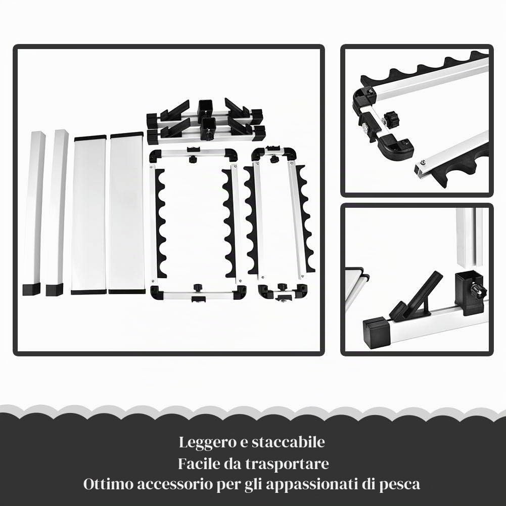 Portacanne da Pesca, Canna da Pesca Supporto Portatile per 12 Canne da Pesca, Espositore da Pesca in Lega di Alluminio, 44.5 x 50 x 32.5cm