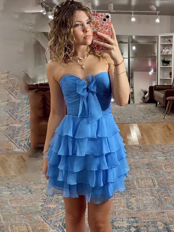 Strapless Homecoming Dresses Short 2025 Sweetheart Tiered Prom Party Dresses for Teens3