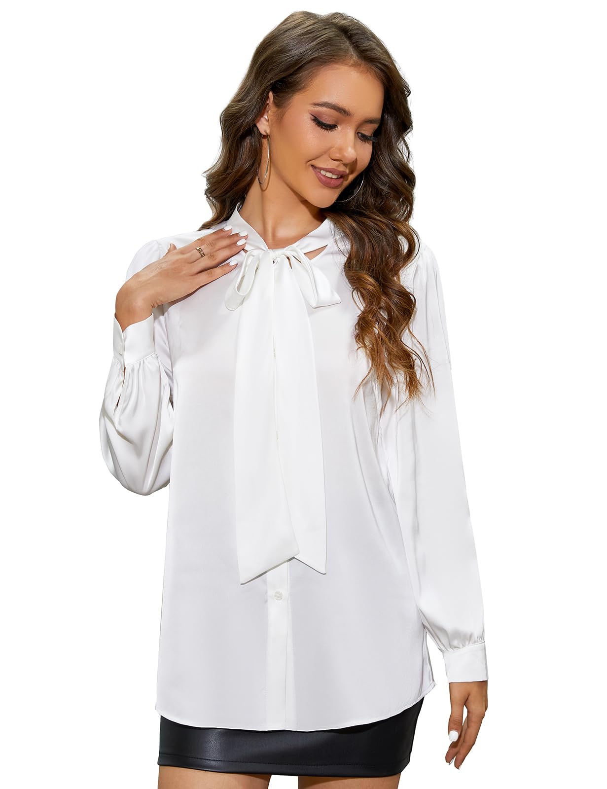 Tapata Femmes Chemise Satin Chemise en Soie Bow Neck Bouton Down Jacket Robe à Manches Longues Business Top Elegant