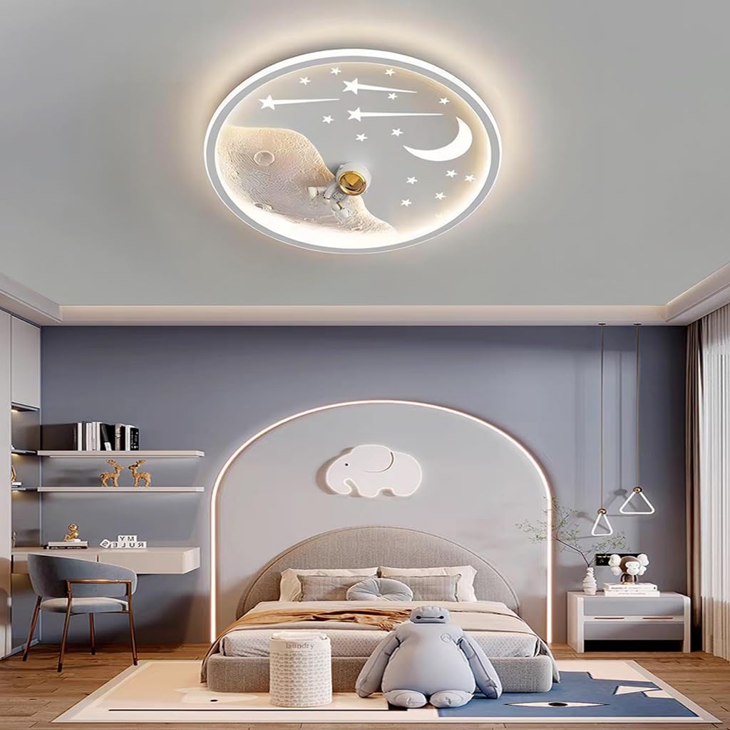 RuiRfh Ceiling lamp creative cartoon LED children's room lamp modern dimmable black astronaut ceiling Light with remote control suitable for bedroom study office decorative lighting(Color:White,Size:R
