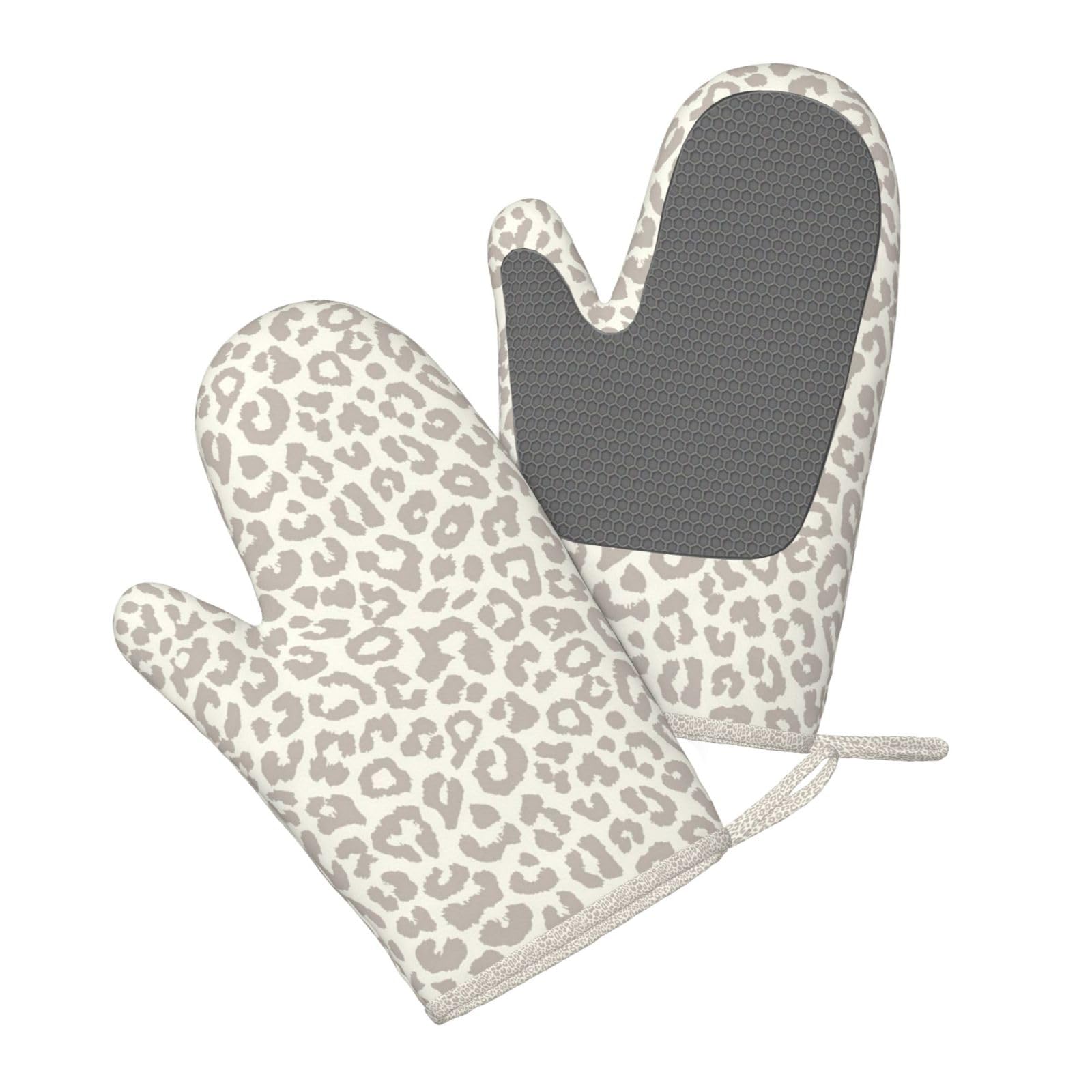Ensemble de Quatre Gants et maniques résistants à la Chaleur, Gants de Cuisine antidérapants, maniques de Four, Motif léopard Marron