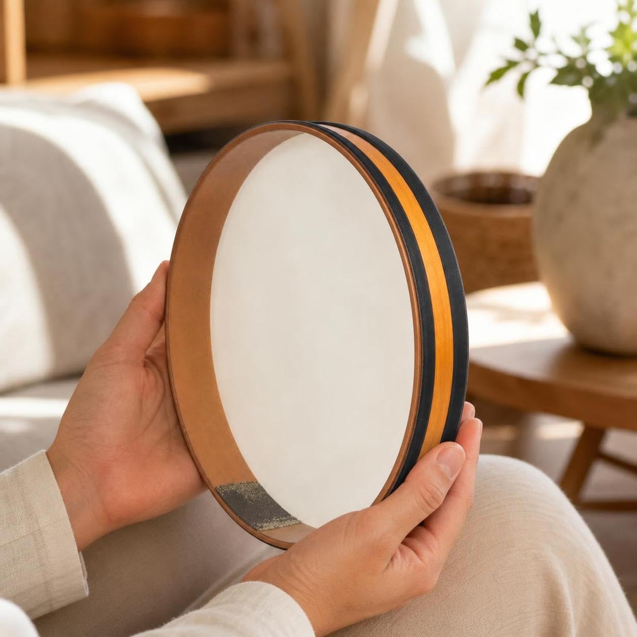 Tamburo Onda Oceanica Percussioni Doppio Lato per Effetto Realistico in Legno E Pelle Tocco Rilassante Adatto a Terapia Audio Meditazione Sala Benessere, 14 pollici
