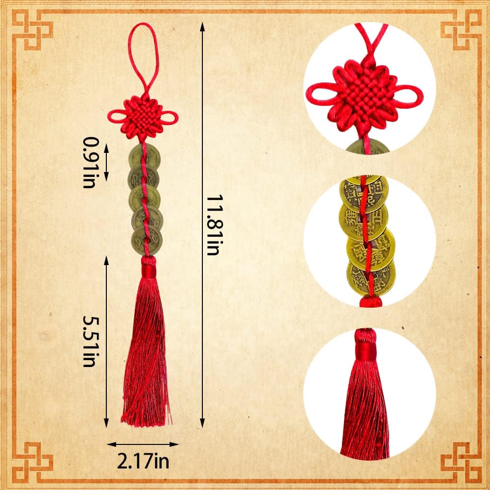 10 Pieces Chinese Knot Colorful String Feng Shui Charm Vintage I-Ching Lucky Coin New Year Decorations Car Hanging Decoration 5 Coins Emperor Money Chinese Amulet for Family Friends Health and Wealth