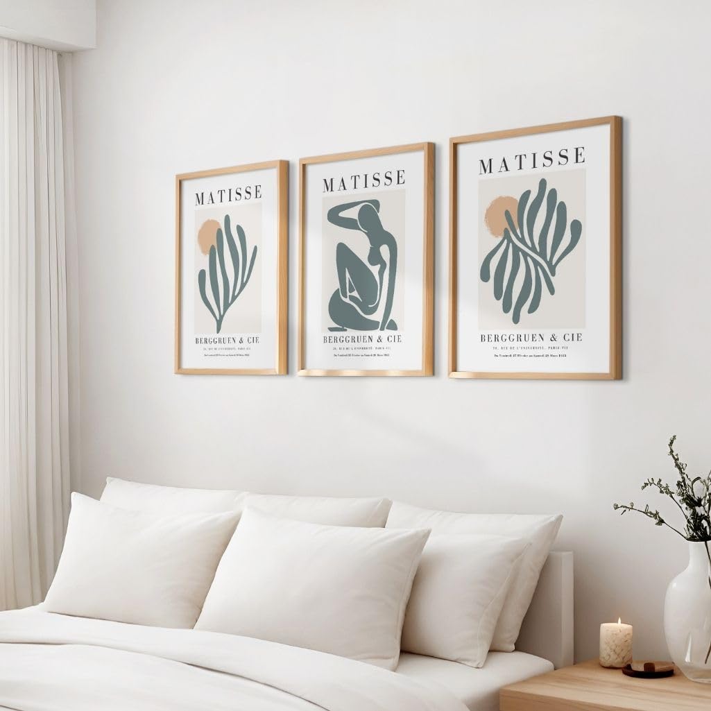 ARTINSPIRIO Matisse Juego de 3 murales verdes, figuras abstractas y carteles botánicos, Mid Century Modern Decoración de Pared para Salón y Dormitorio, Sin Marco (40 x 50 cm)