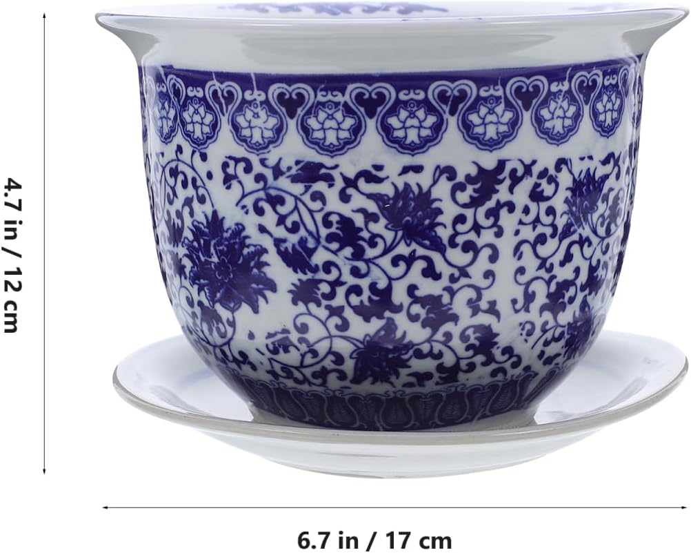 DOITOOL Blue and White Porcelain Plant pots with Drainage Holes and Drainage Tray for Indoor and Outdoor Plants, Ceramic Flower Pots