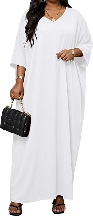 Runwind Plus Size Maxi Dress for Women Short Sleeve V Neck Casual Long Dresses with Pockets