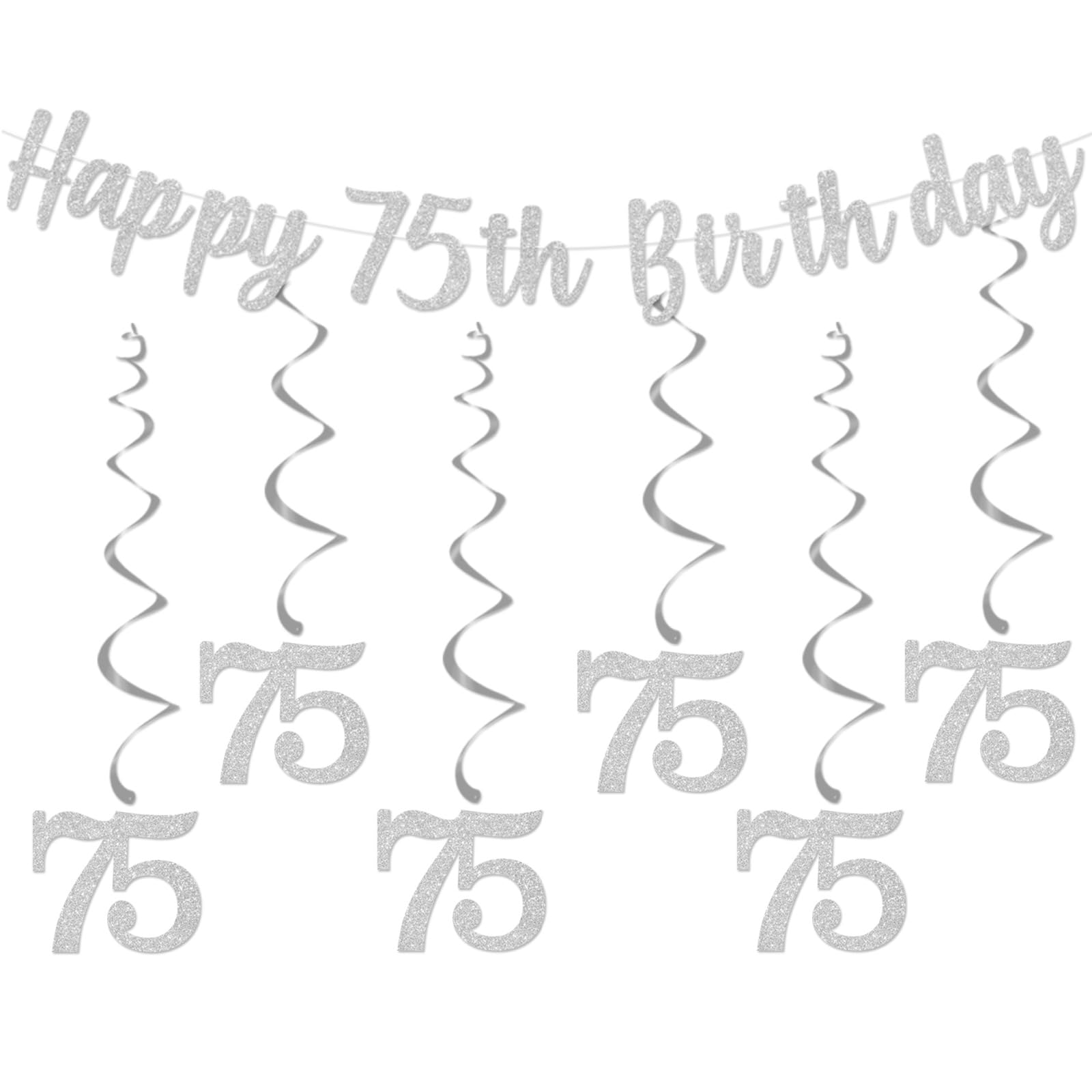 bng-bng 75th Birthday Party Decorations Silver Happy 75th Birthday Banner Bunting Hanging Swirls Streamers for Women Men 75 Anniversary Party Decor Supplies